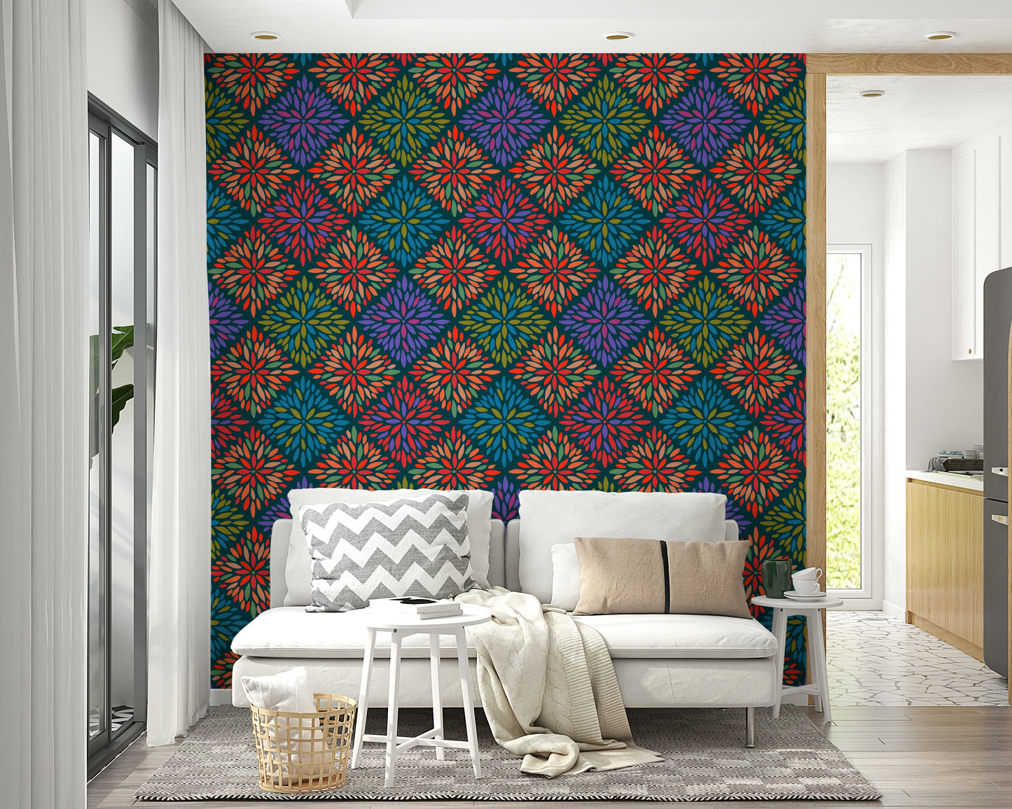 Dahlia Diamonds Bohemian Floral Damask Tiles Bright Jewel Tones on Dark Teal  Wallpaper⁠