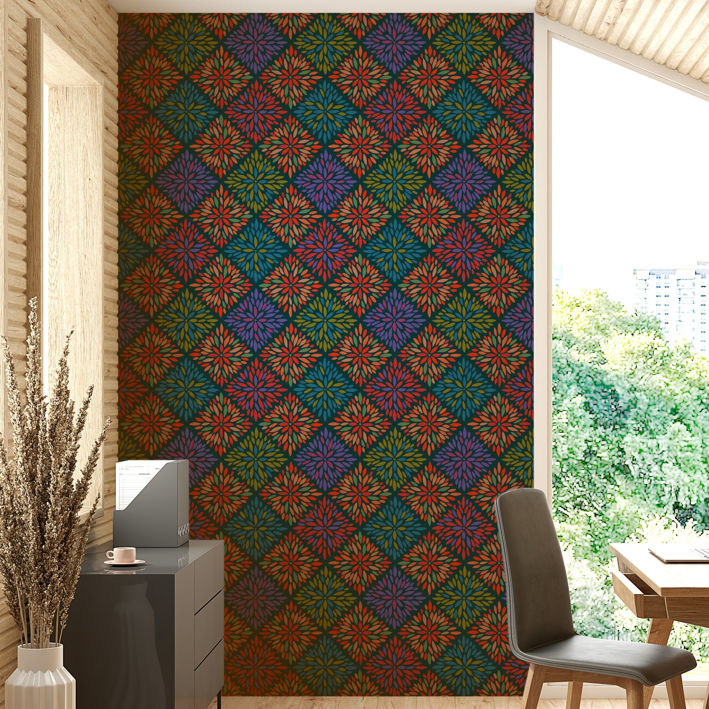 Dahlia Diamonds Bohemian Floral Damask Tiles Bright Jewel Tones on Dark Teal  Wallpaper⁠