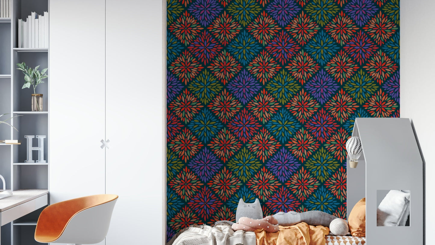 Dahlia Diamonds Bohemian Floral Damask Tiles Bright Jewel Tones on Dark Teal  Wallpaper⁠