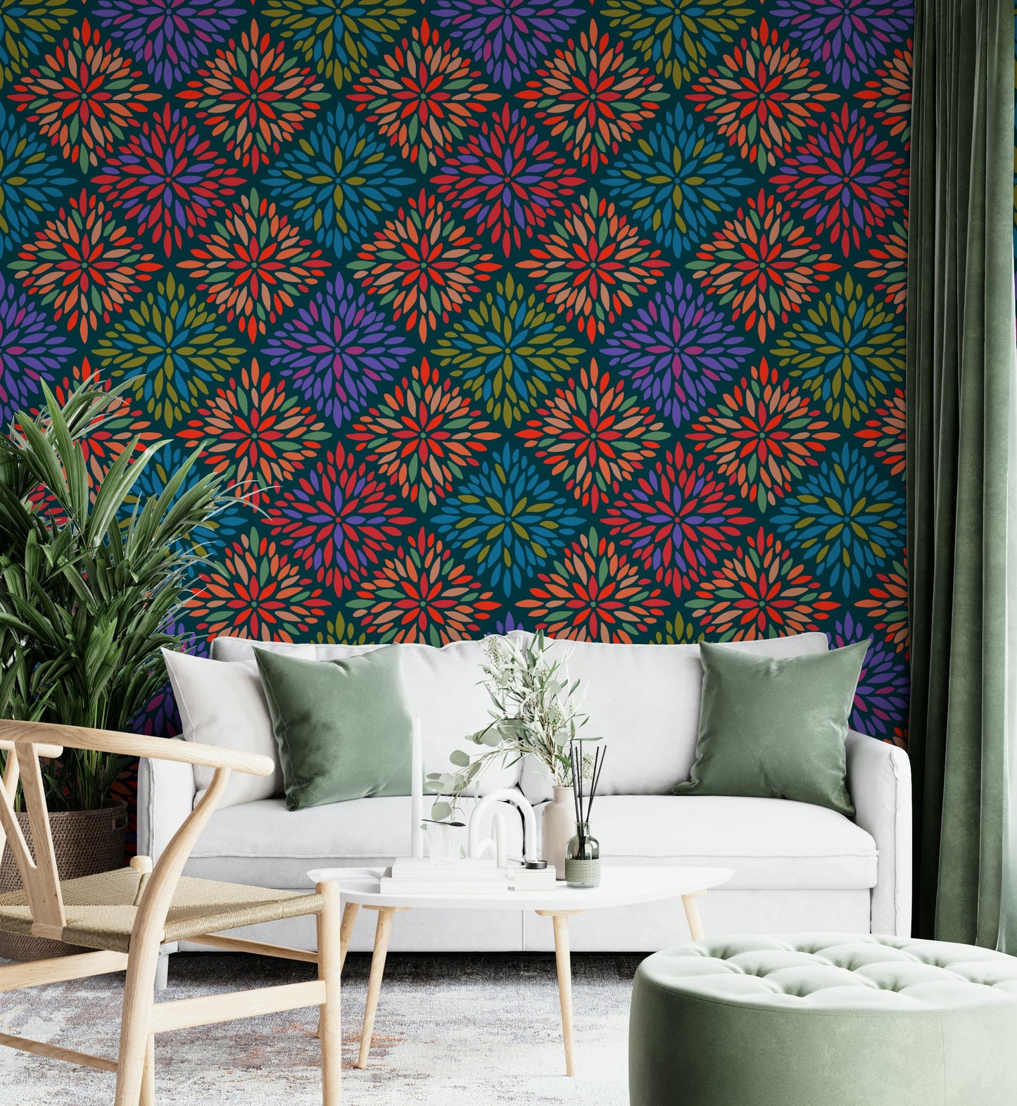 Dahlia Diamonds Bohemian Floral Damask Tiles Bright Jewel Tones on Dark Teal  Wallpaper⁠