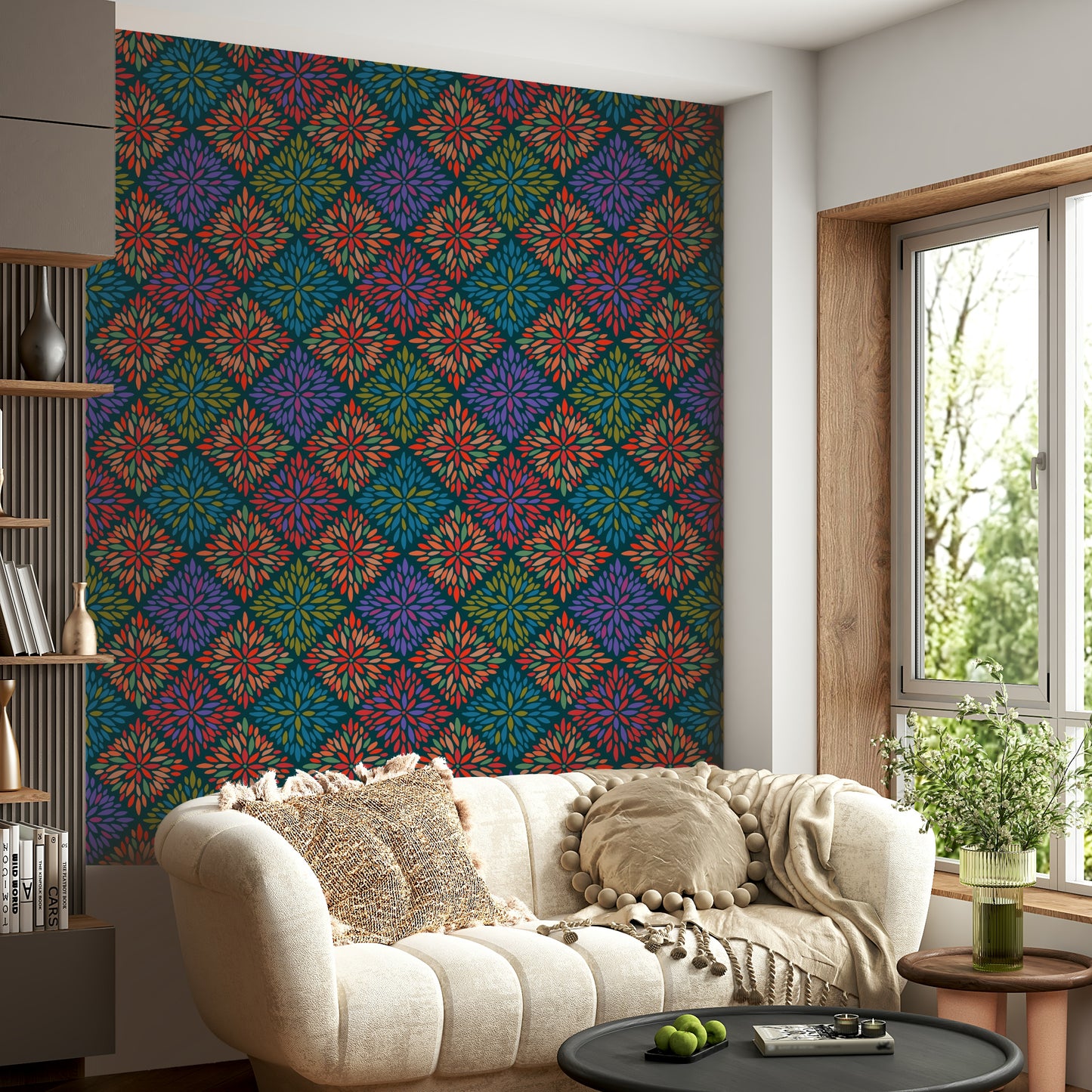 Dahlia Diamonds Bohemian Floral Damask Tiles Bright Jewel Tones on Dark Teal  Wallpaper⁠