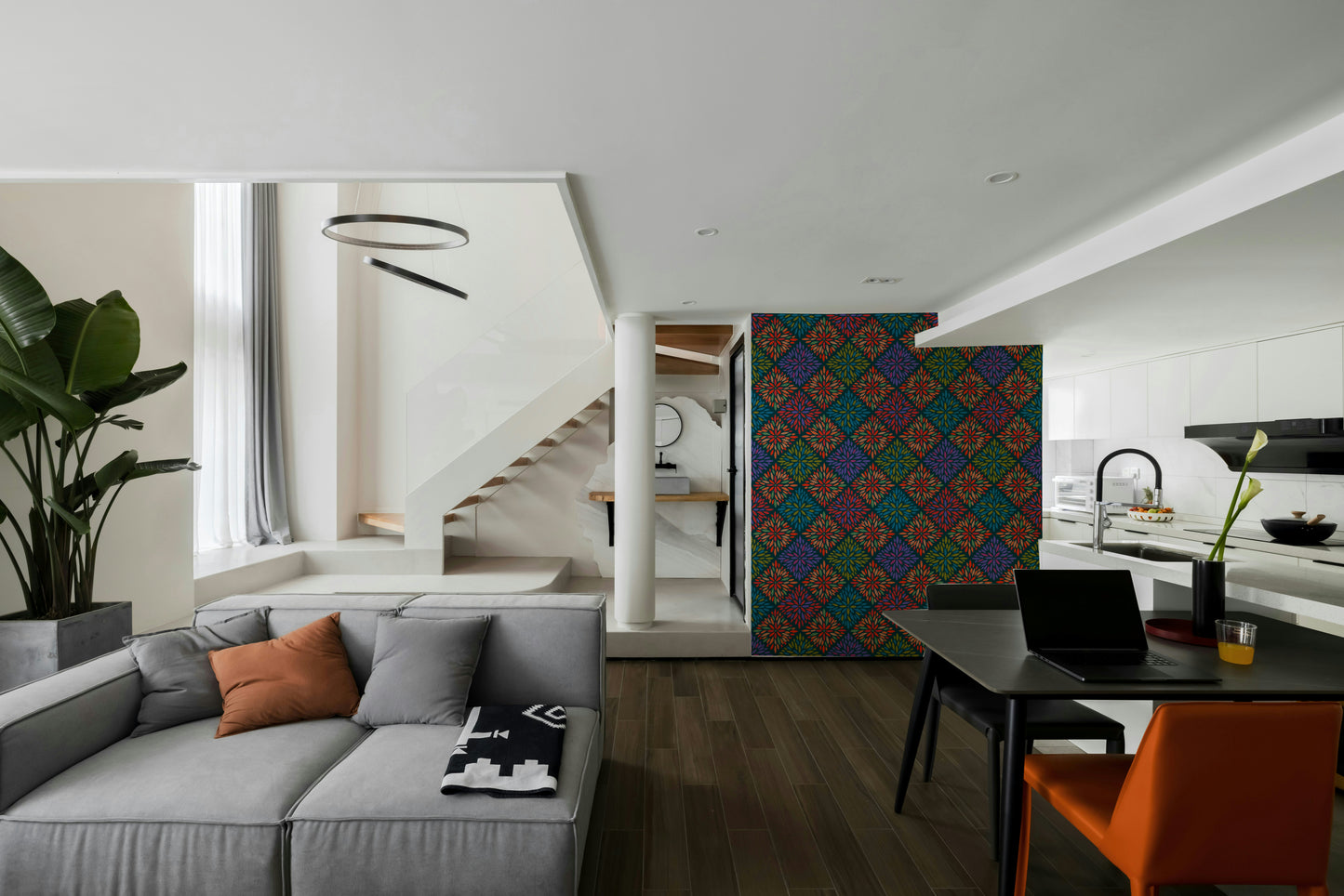 Dahlia Diamonds Bohemian Floral Damask Tiles Bright Jewel Tones on Dark Teal  Wallpaper⁠