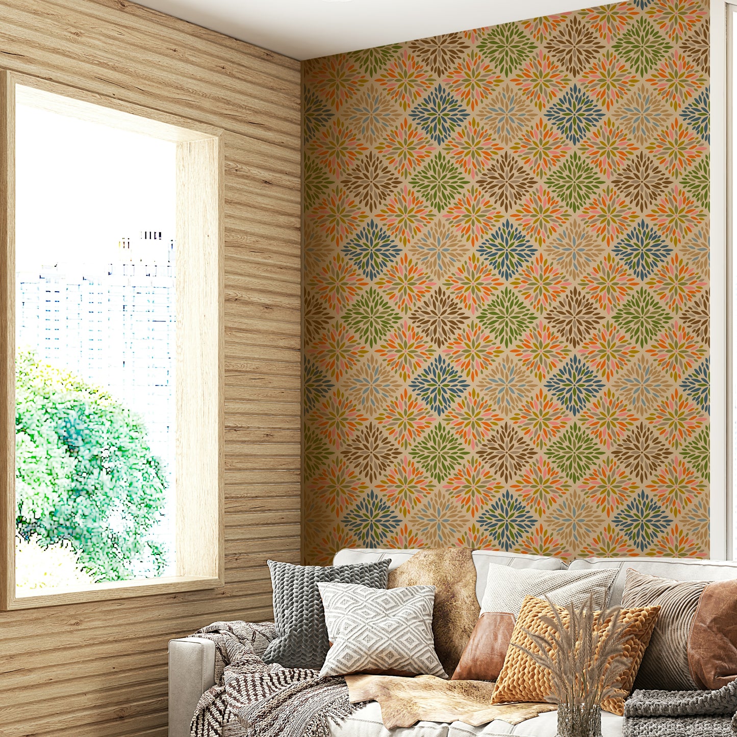 Dahlia Diamonds Bohemian Floral Damask Tiles Warm Earthy Desert Colors Wallpaper⁠