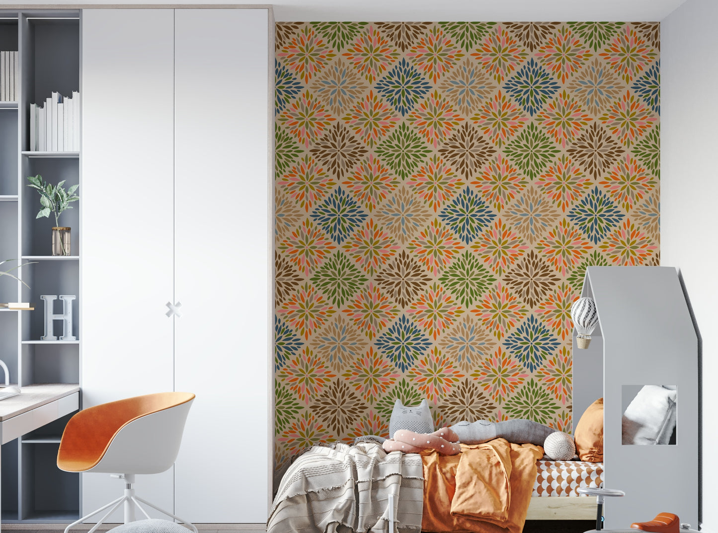 Dahlia Diamonds Bohemian Floral Damask Tiles Warm Earthy Desert Colors Wallpaper⁠