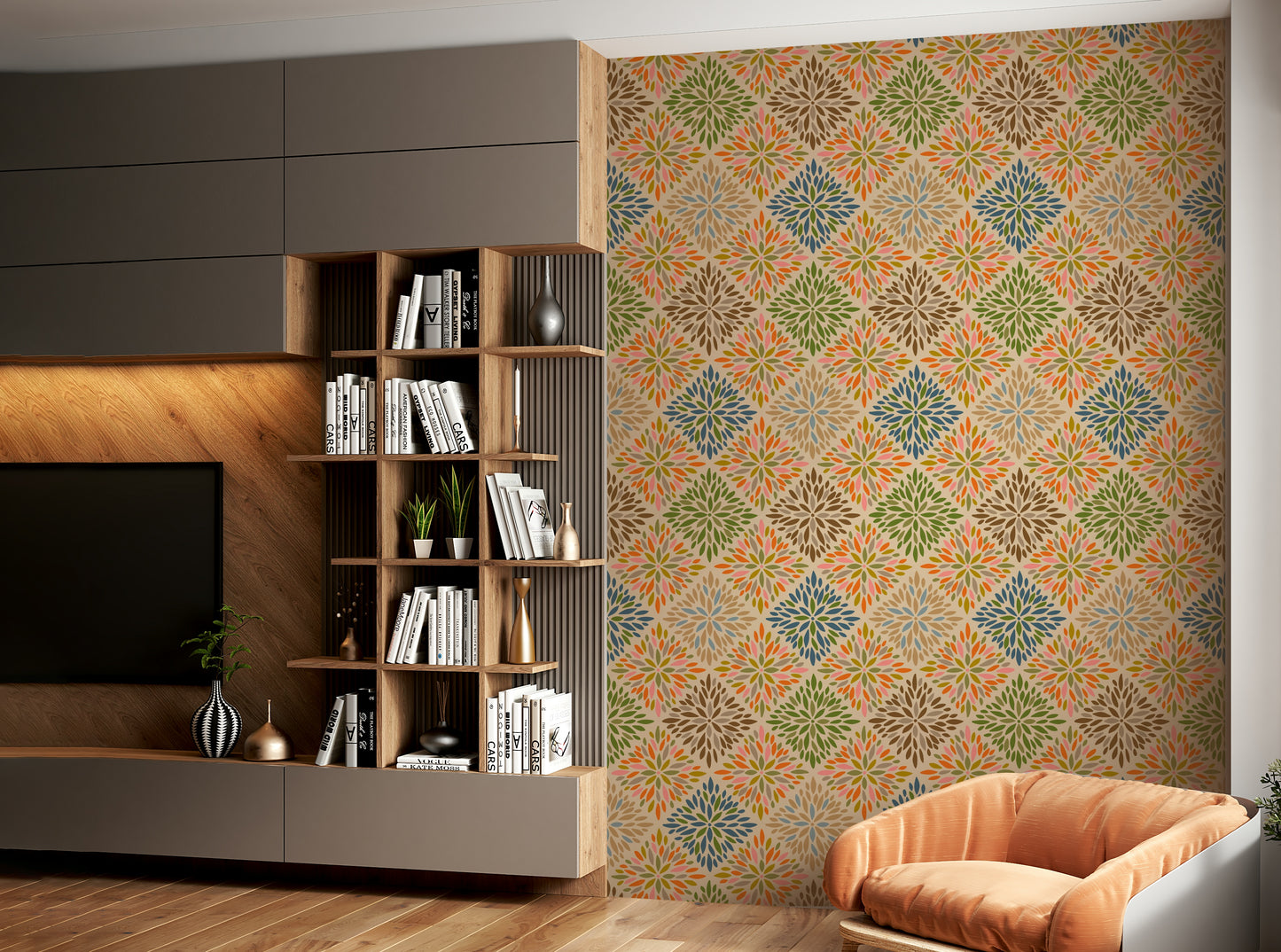 Dahlia Diamonds Bohemian Floral Damask Tiles Warm Earthy Desert Colors Wallpaper⁠