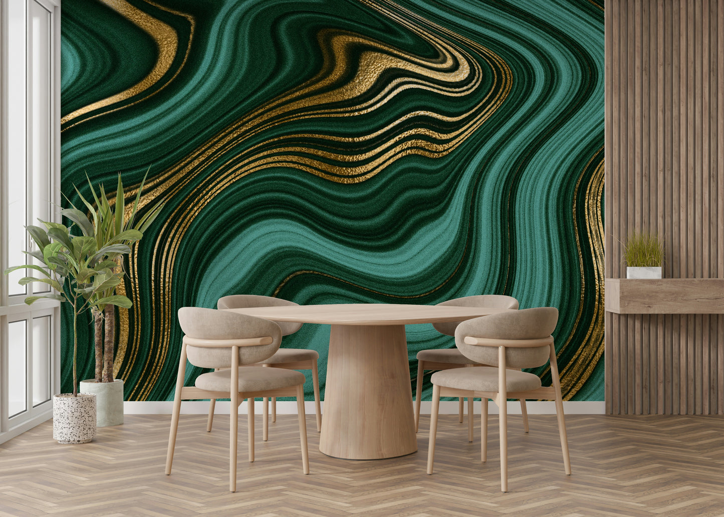 Emerald Gold Swirls Wall Mural