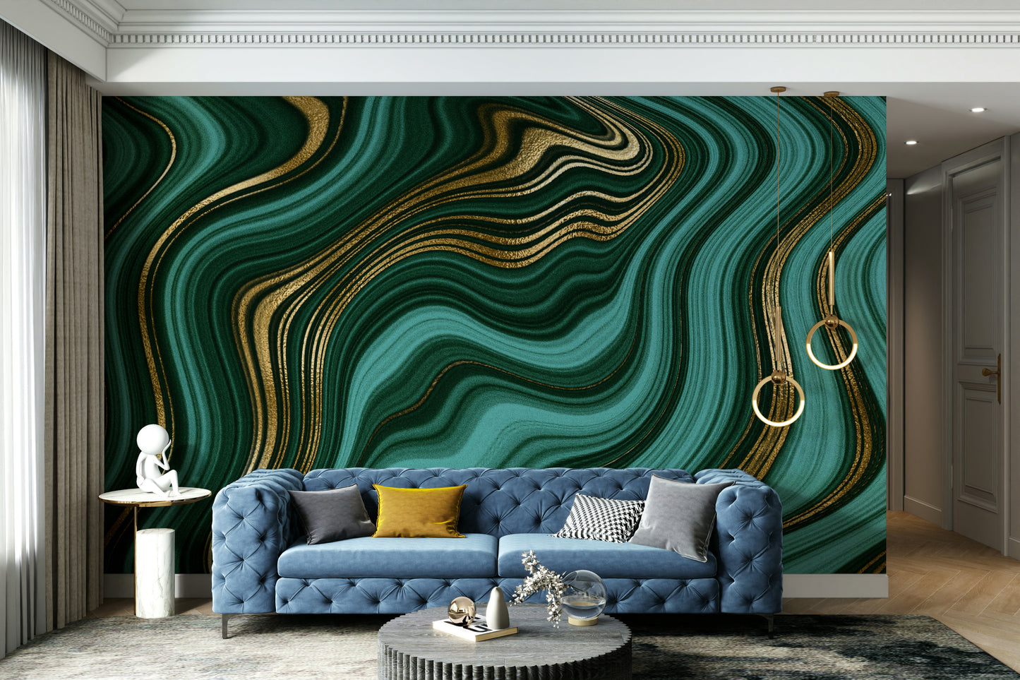 Emerald Gold Swirls Wall Mural