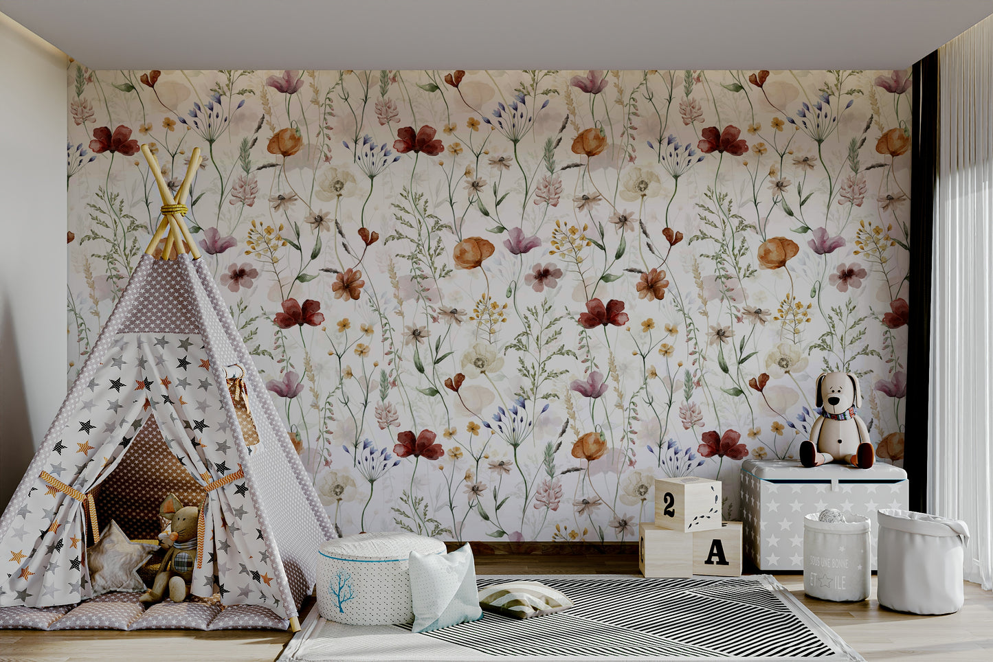 Scandinavian Wildflowers Watercolor Meadow for Kidsroom Wall Mural