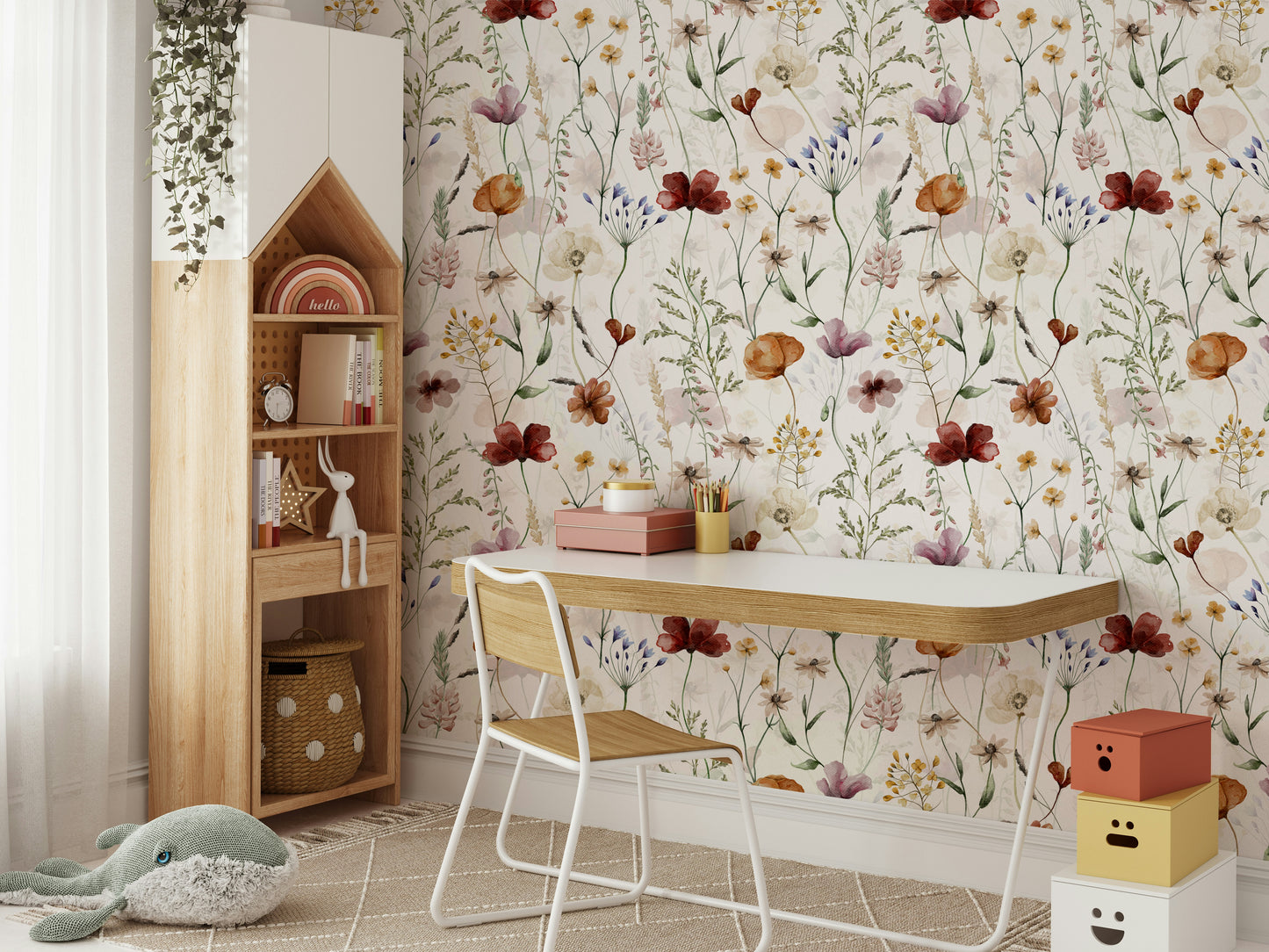 Scandinavian Wildflowers Watercolor Meadow for Kidsroom Wall Mural