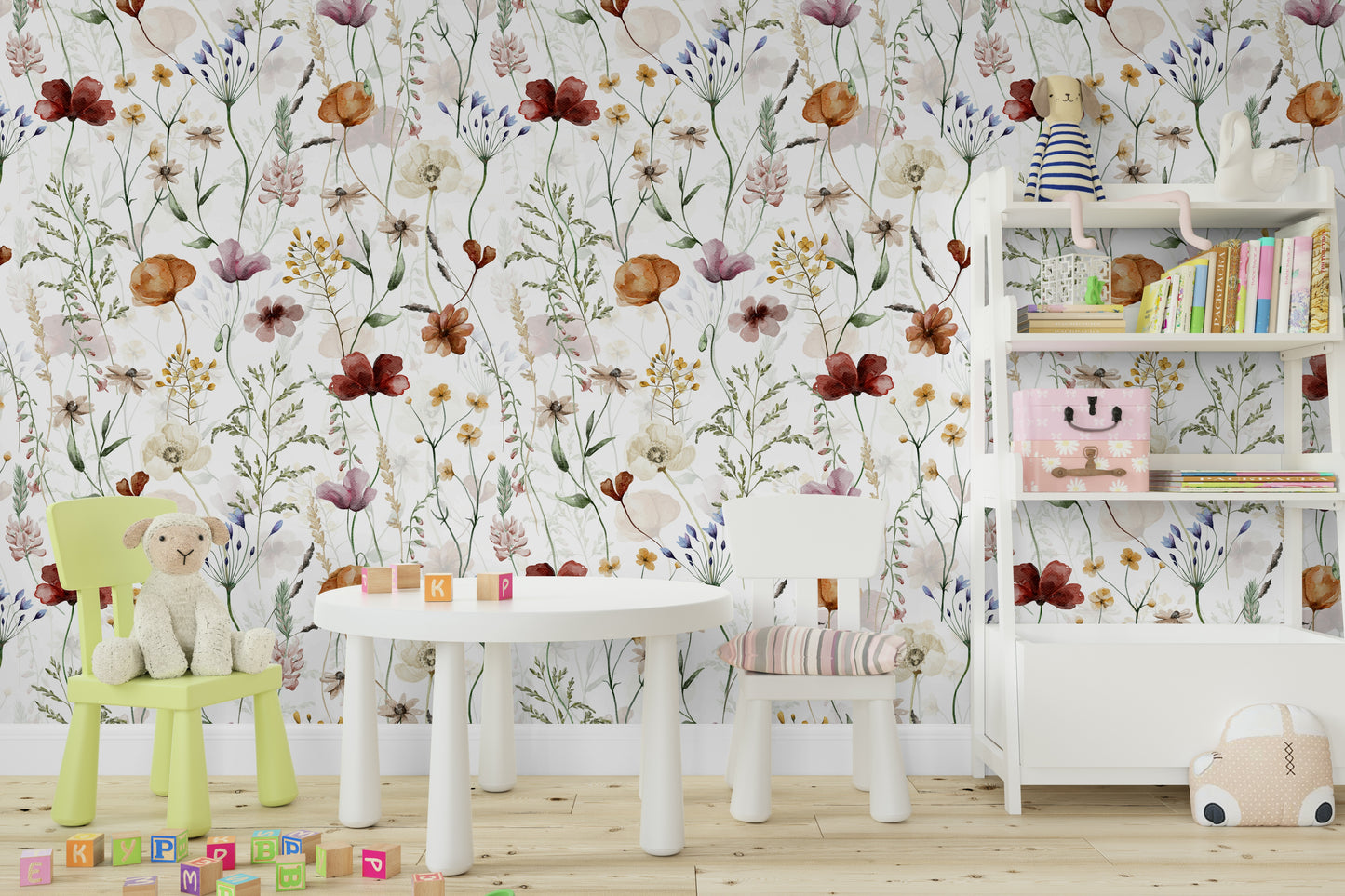 Scandinavian Wildflowers Watercolor Meadow for Kidsroom Wall Mural