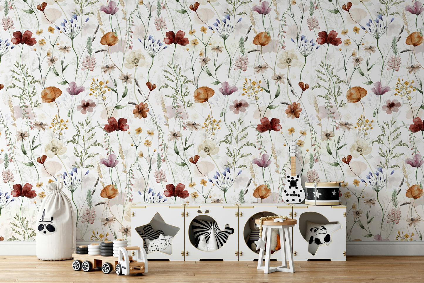 Scandinavian Wildflowers Watercolor Meadow for Kidsroom Wall Mural