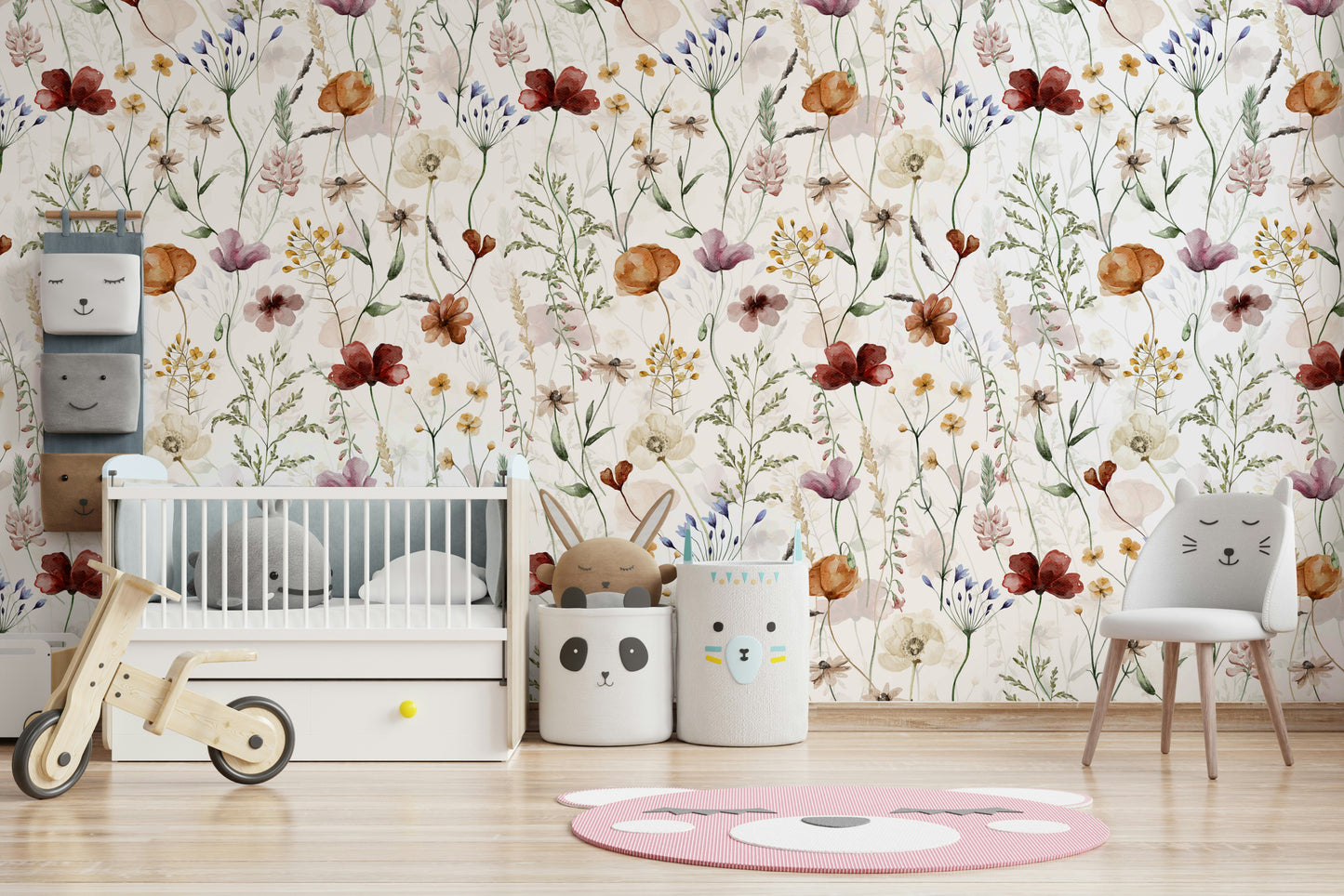 Scandinavian Wildflowers Watercolor Meadow for Kidsroom Wall Mural