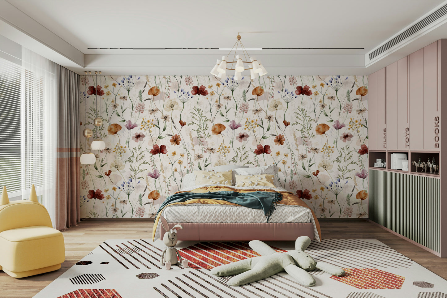 Scandinavian Wildflowers Watercolor Meadow for Kidsroom Wall Mural