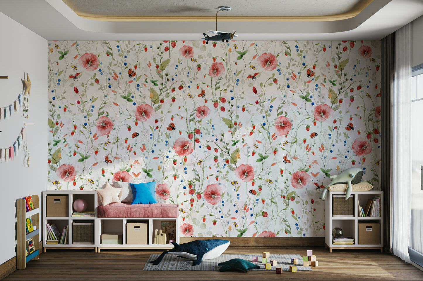 Scandinavian Watercolor Poppies Strawberries and Wild Berries Wall Mural