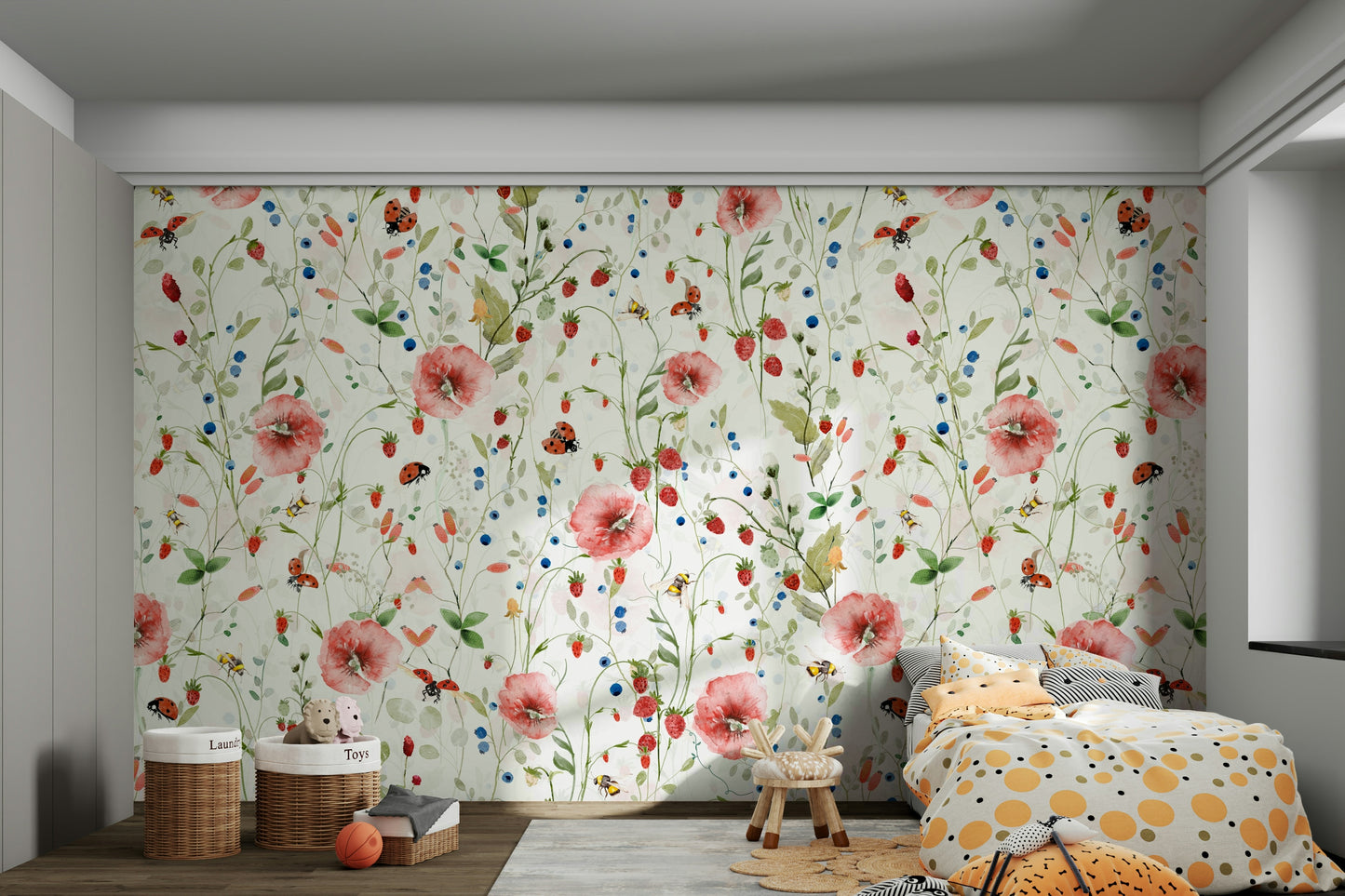 Scandinavian Watercolor Poppies Strawberries and Wild Berries Wall Mural