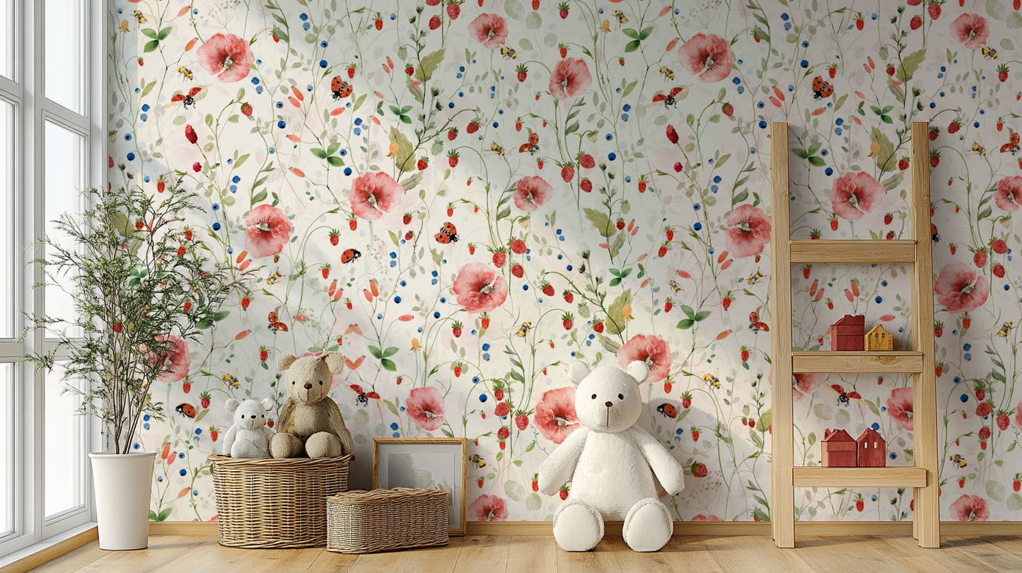 Scandinavian Watercolor Poppies Strawberries and Wild Berries Wall Mural