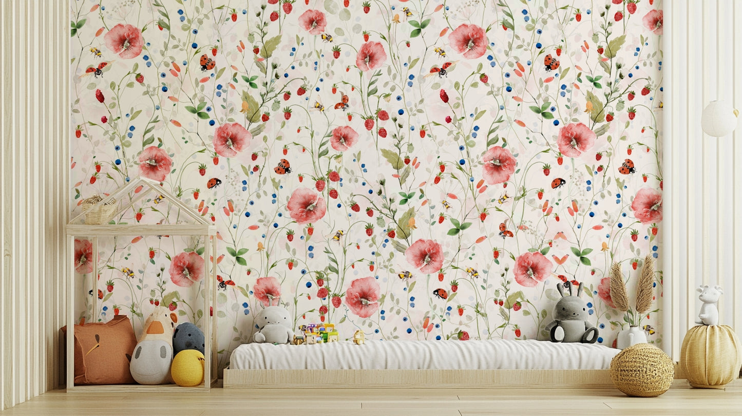 Scandinavian Watercolor Poppies Strawberries and Wild Berries Wall Mural