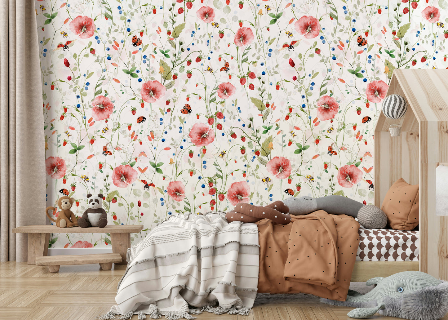 Scandinavian Watercolor Poppies Strawberries and Wild Berries Wall Mural