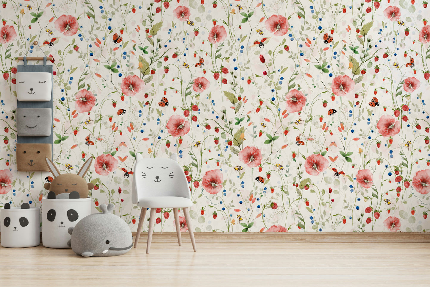 Scandinavian Watercolor Poppies Strawberries and Wild Berries Wall Mural