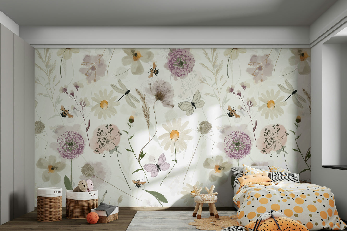 Scandinavian Watercolor Meadow Flowers with Bees and Butterflies Wall Mural