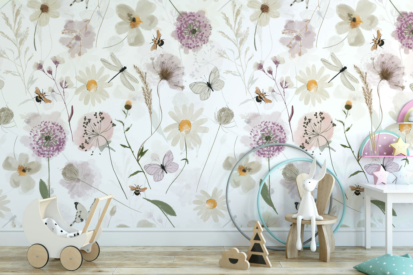 Scandinavian Watercolor Meadow Flowers with Bees and Butterflies Wall Mural