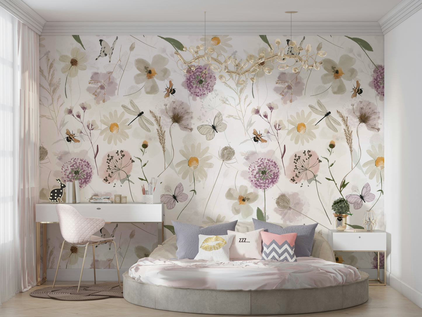 Scandinavian Watercolor Meadow Flowers with Bees and Butterflies Wall Mural