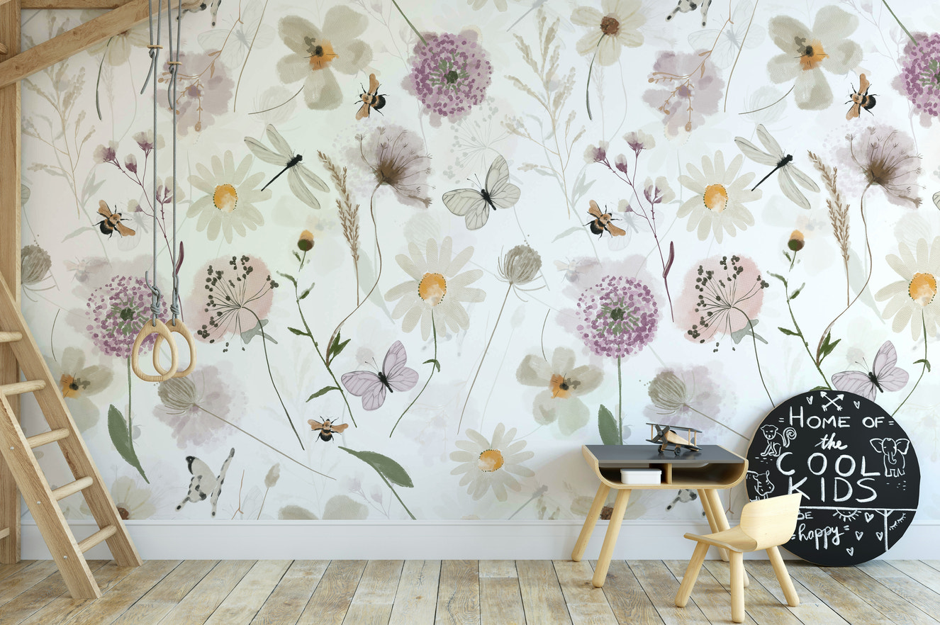 Scandinavian Watercolor Meadow Flowers with Bees and Butterflies Wall Mural