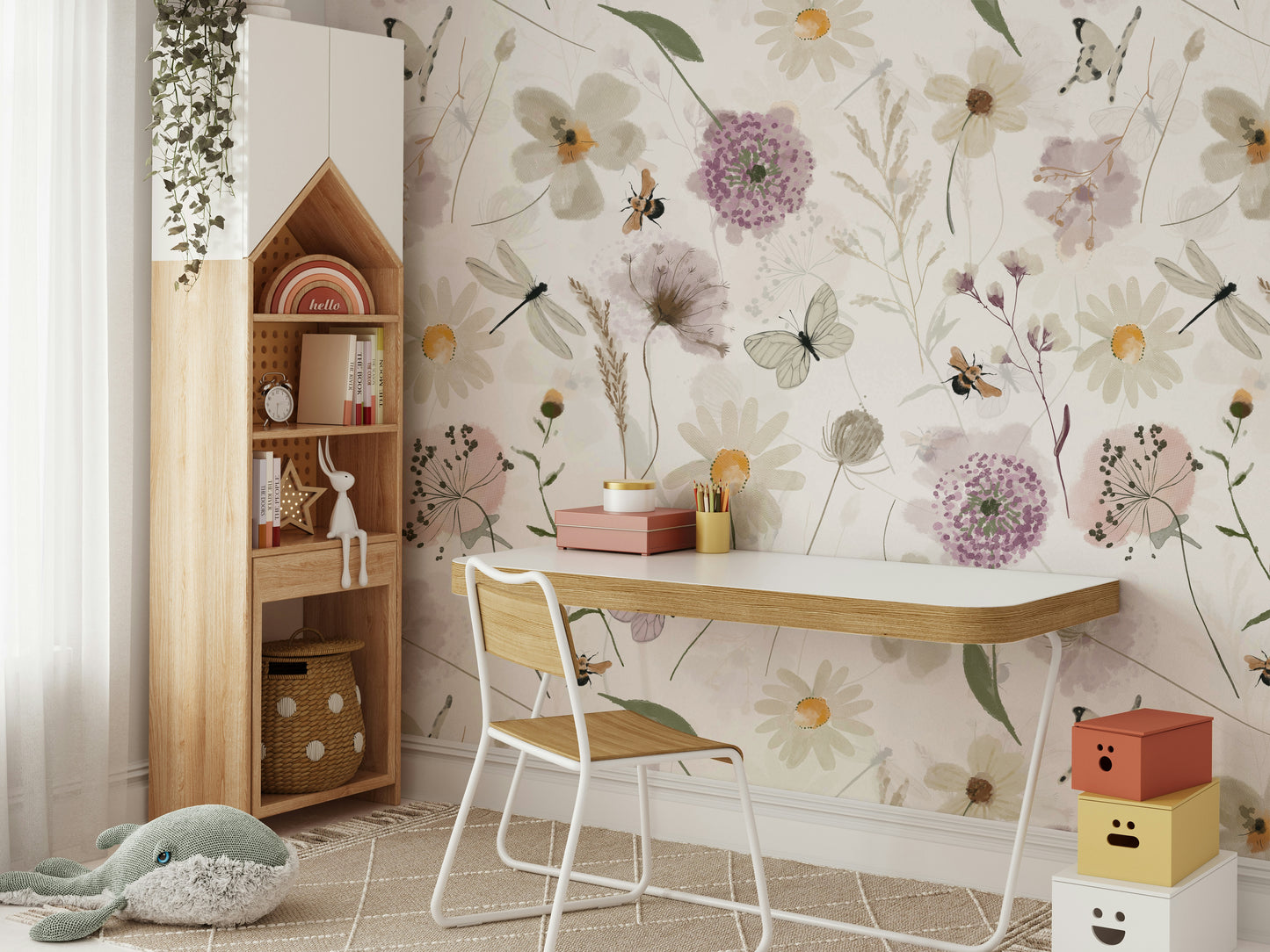 Scandinavian Watercolor Meadow Flowers with Bees and Butterflies Wall Mural