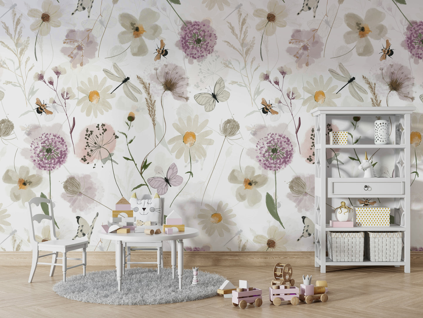 Scandinavian Watercolor Meadow Flowers with Bees and Butterflies Wall Mural