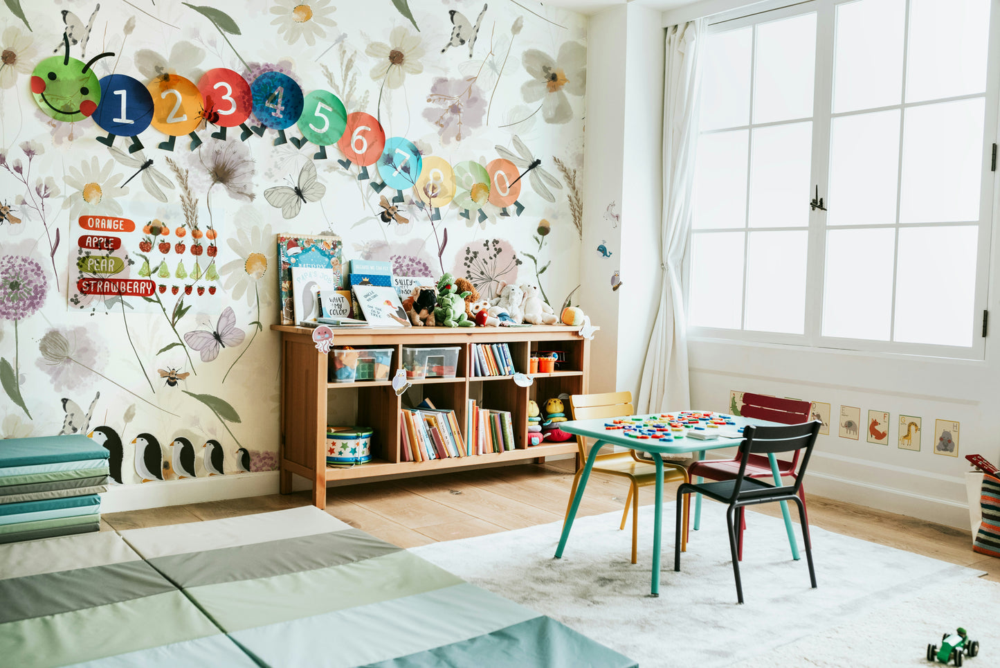 Scandinavian Watercolor Meadow Flowers with Bees and Butterflies Wall Mural