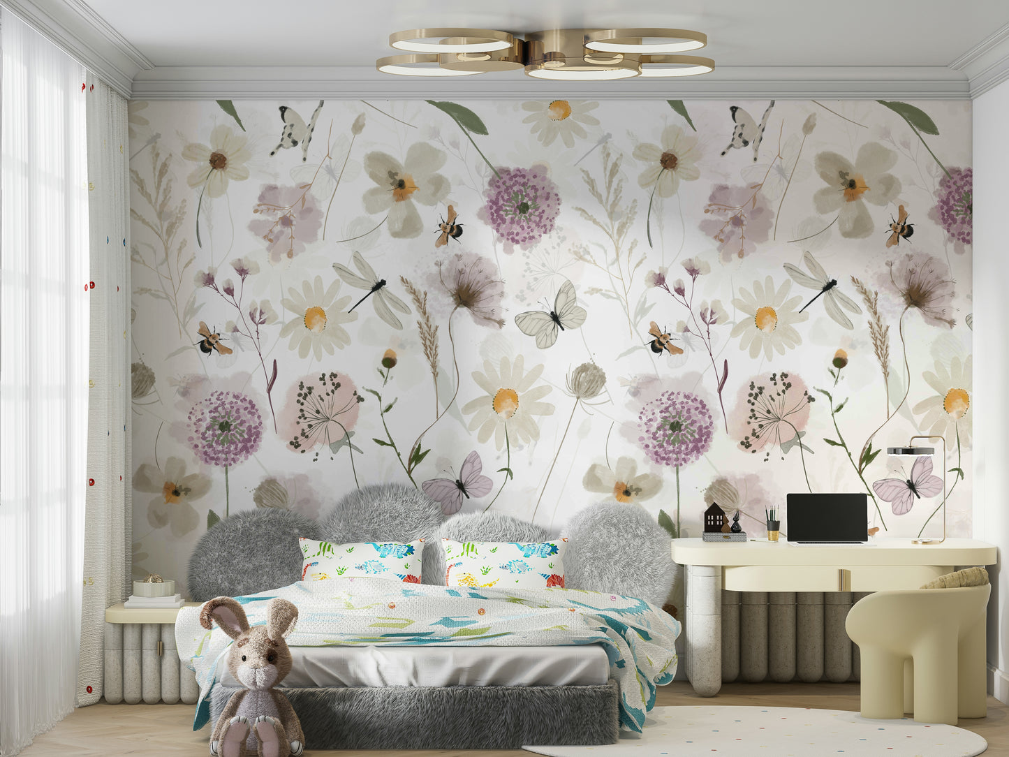 Scandinavian Watercolor Meadow Flowers with Bees and Butterflies Wall Mural