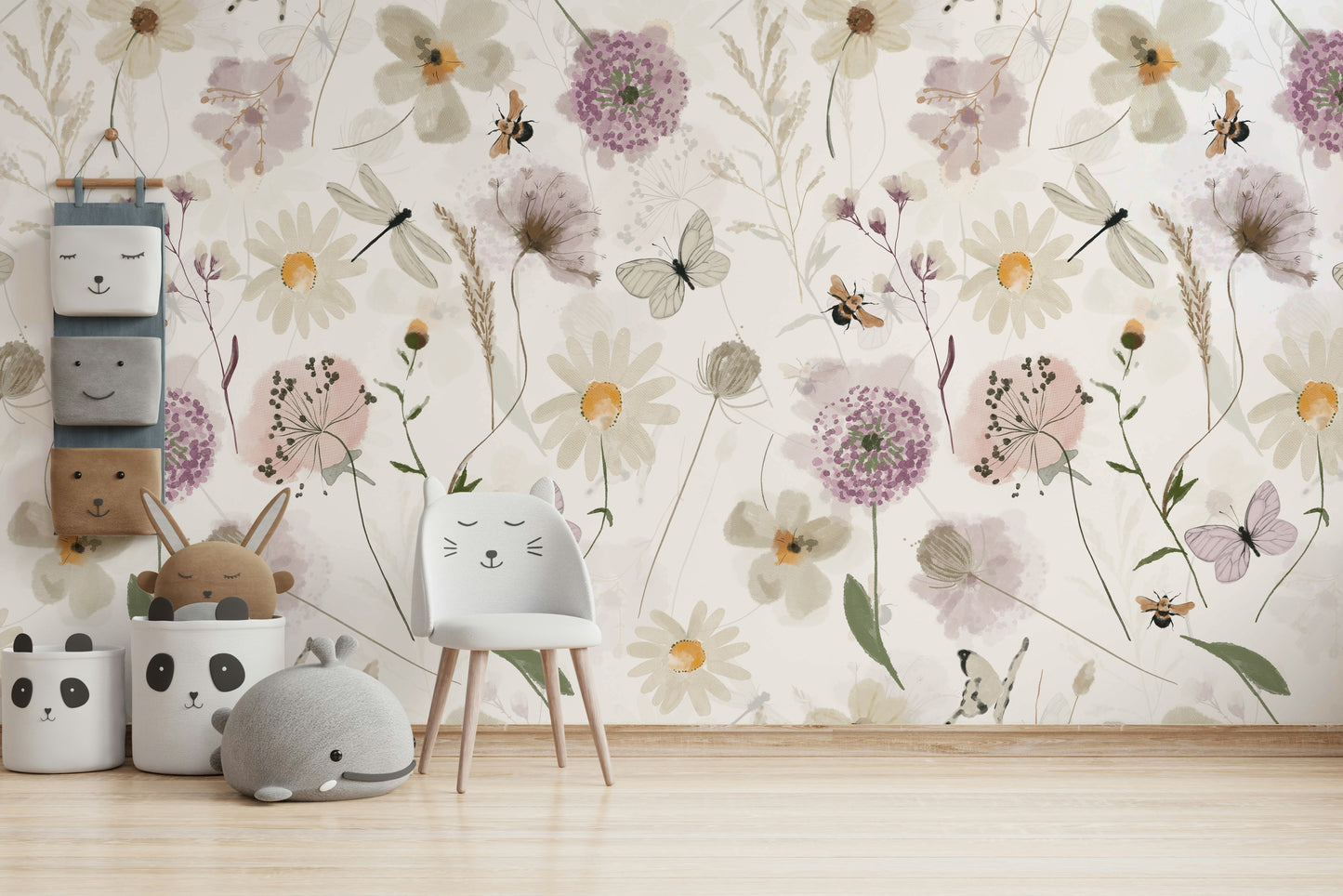 Scandinavian Watercolor Meadow Flowers with Bees and Butterflies Wall Mural