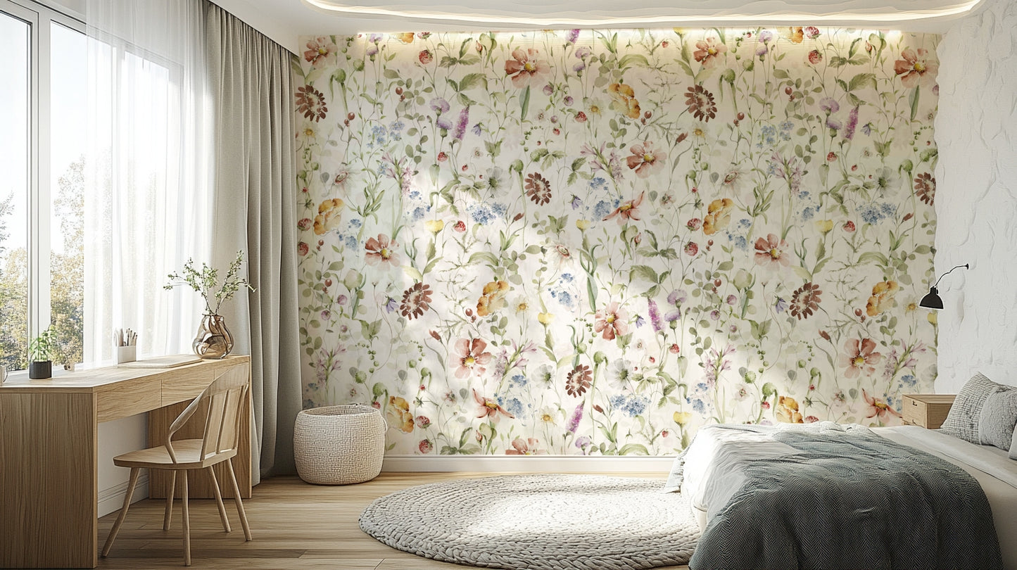 Scandinavian Watercolor Wildflower Meadow with Soft Pastels Wall Mural