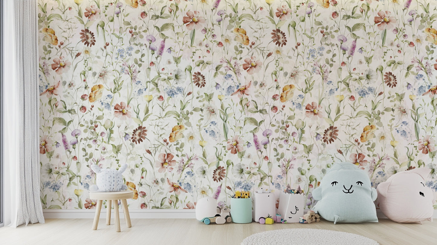 Scandinavian Watercolor Wildflower Meadow with Soft Pastels Wall Mural