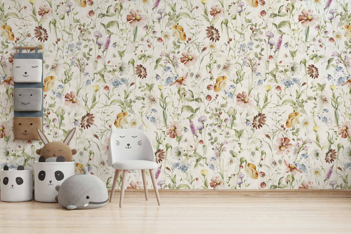 Scandinavian Watercolor Wildflower Meadow with Soft Pastels Wall Mural