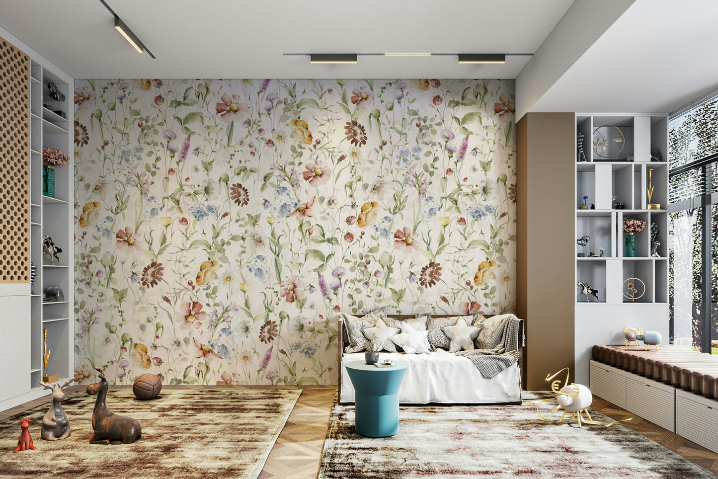 Scandinavian Watercolor Wildflower Meadow with Soft Pastels Wall Mural