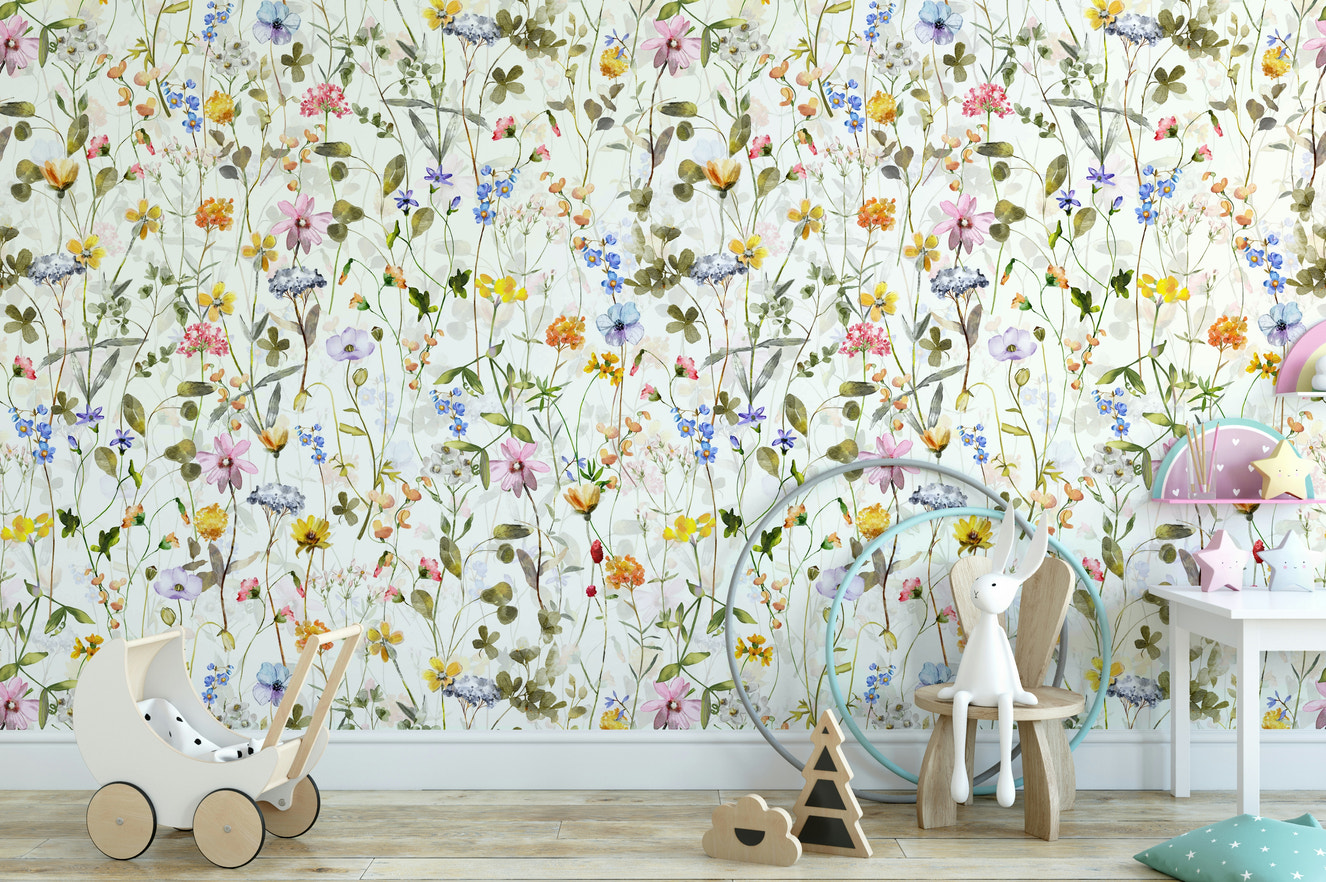 Scandinavian Watercolor Wildflowers Meadow with Colorful Blooms Wall Mural