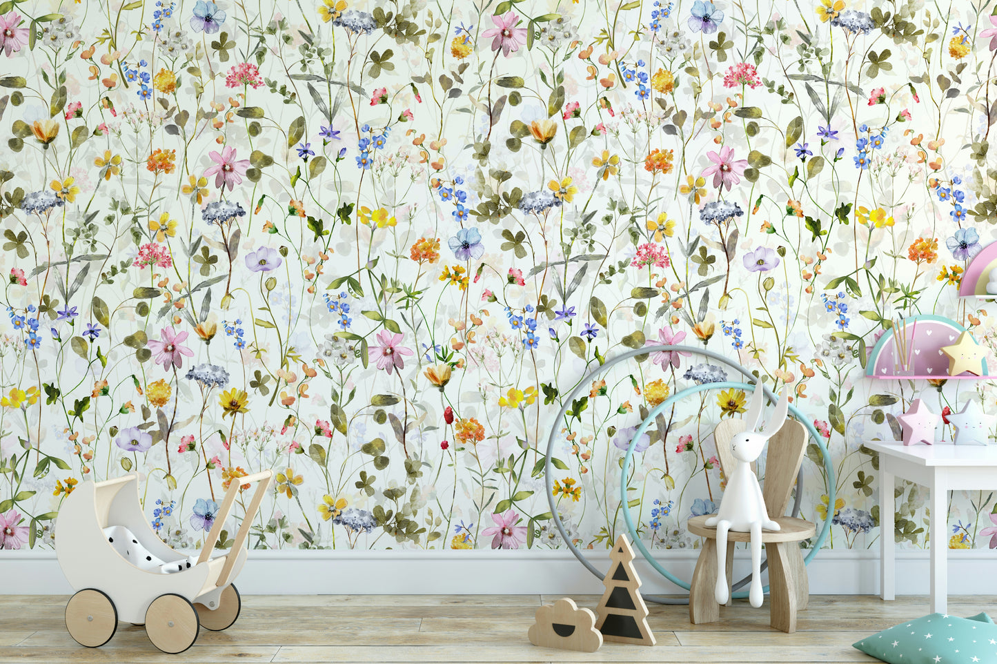 Scandinavian Watercolor Wildflowers Meadow with Colorful Blooms Wall Mural
