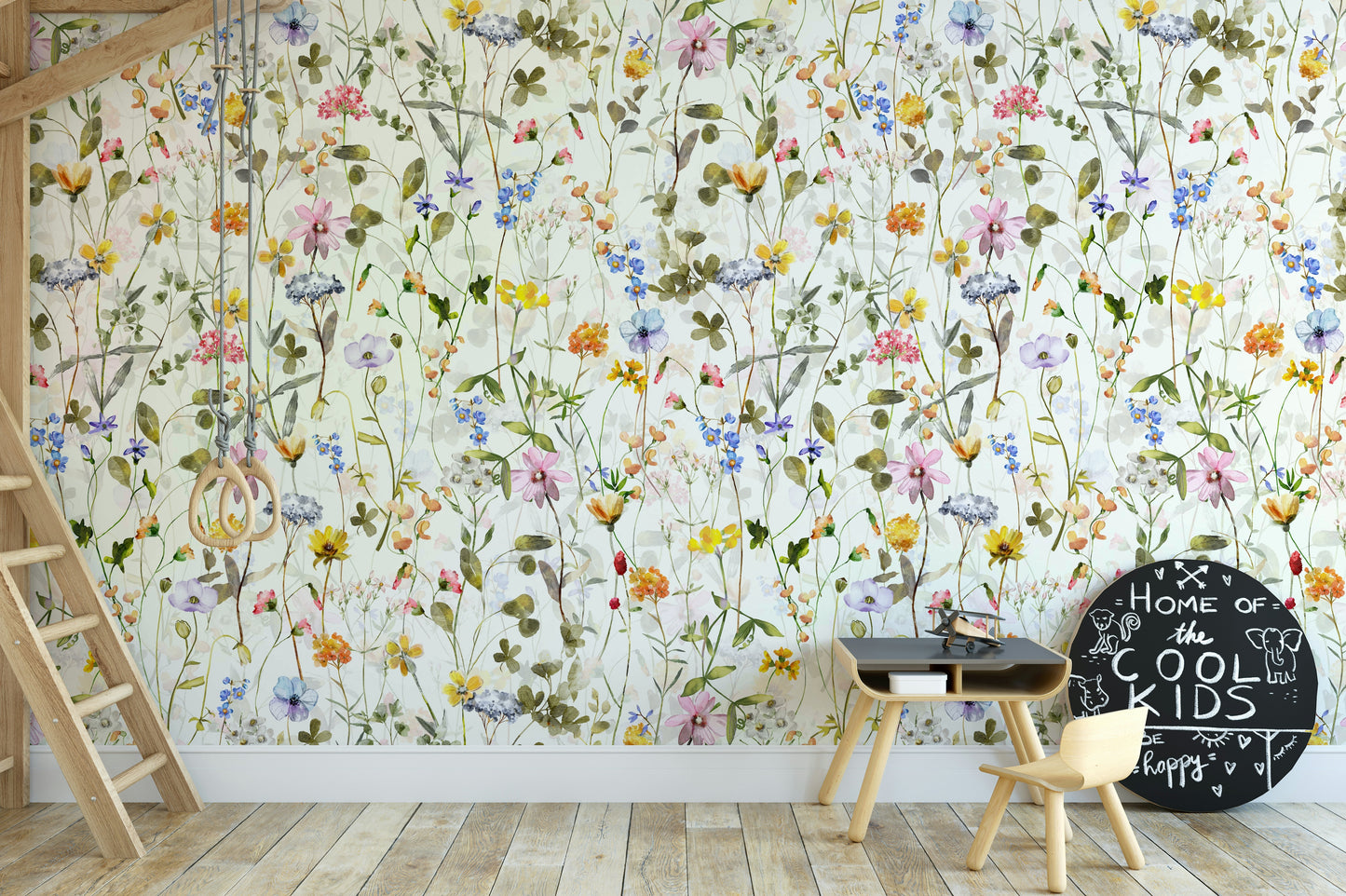 Scandinavian Watercolor Wildflowers Meadow with Colorful Blooms Wall Mural