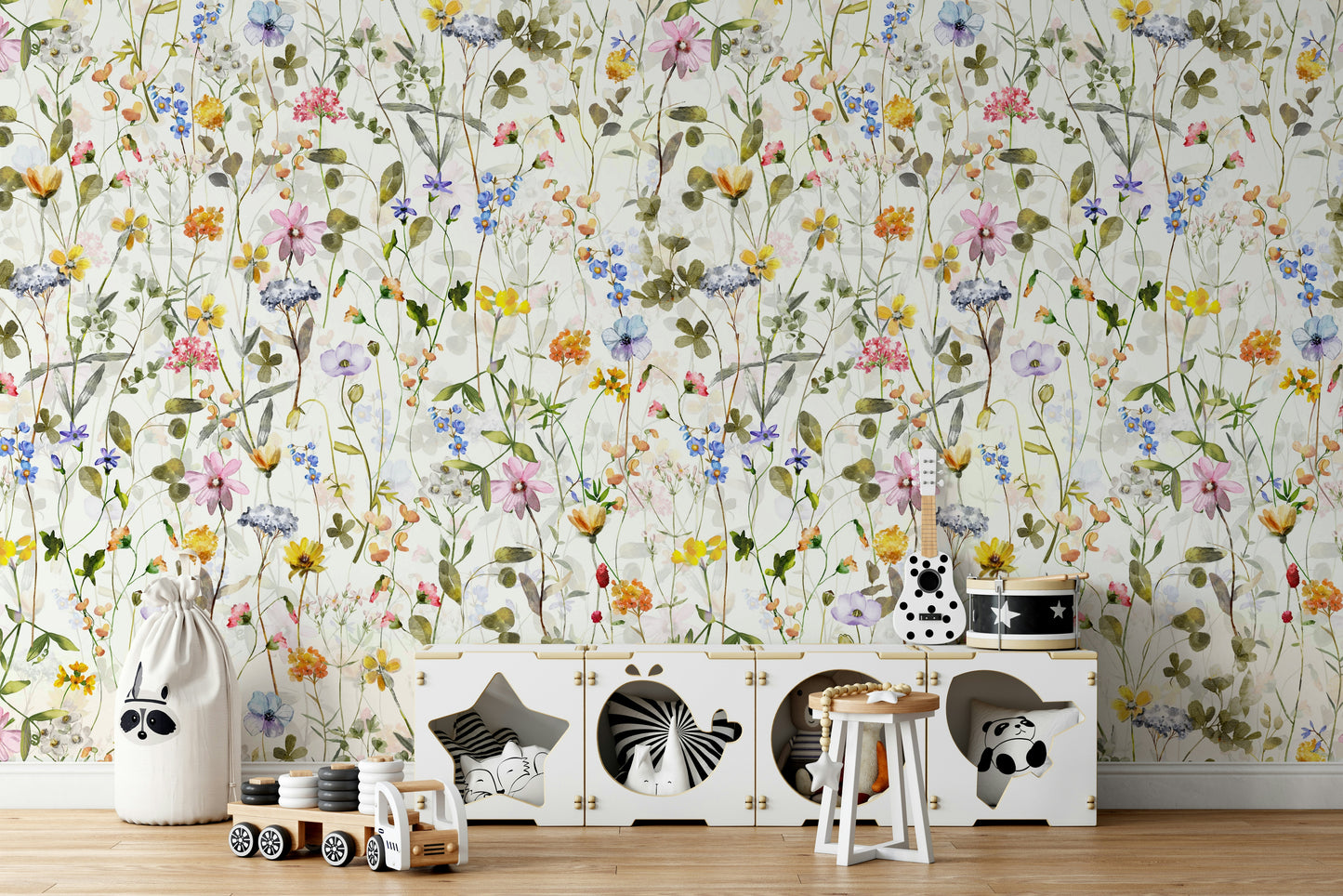 Scandinavian Watercolor Wildflowers Meadow with Colorful Blooms Wall Mural