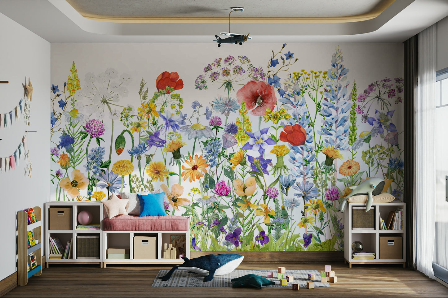 Scandinavian Watercolor Meadow Poppies with Colorful Wildflowers Wall Mural