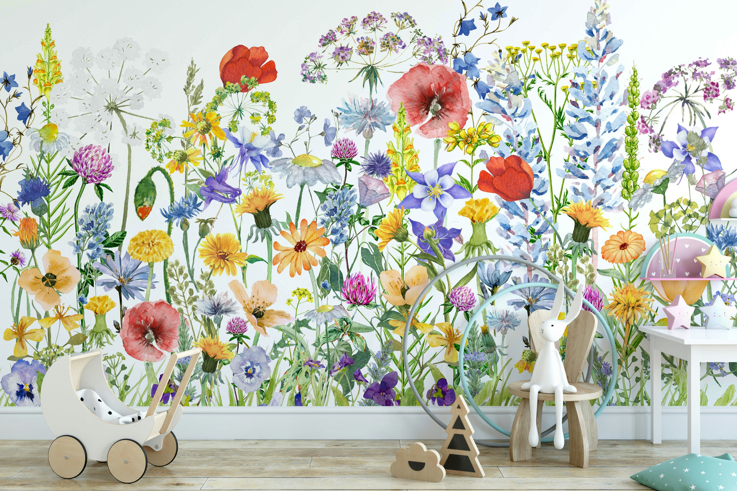 Scandinavian Watercolor Meadow Poppies with Colorful Wildflowers Wall Mural