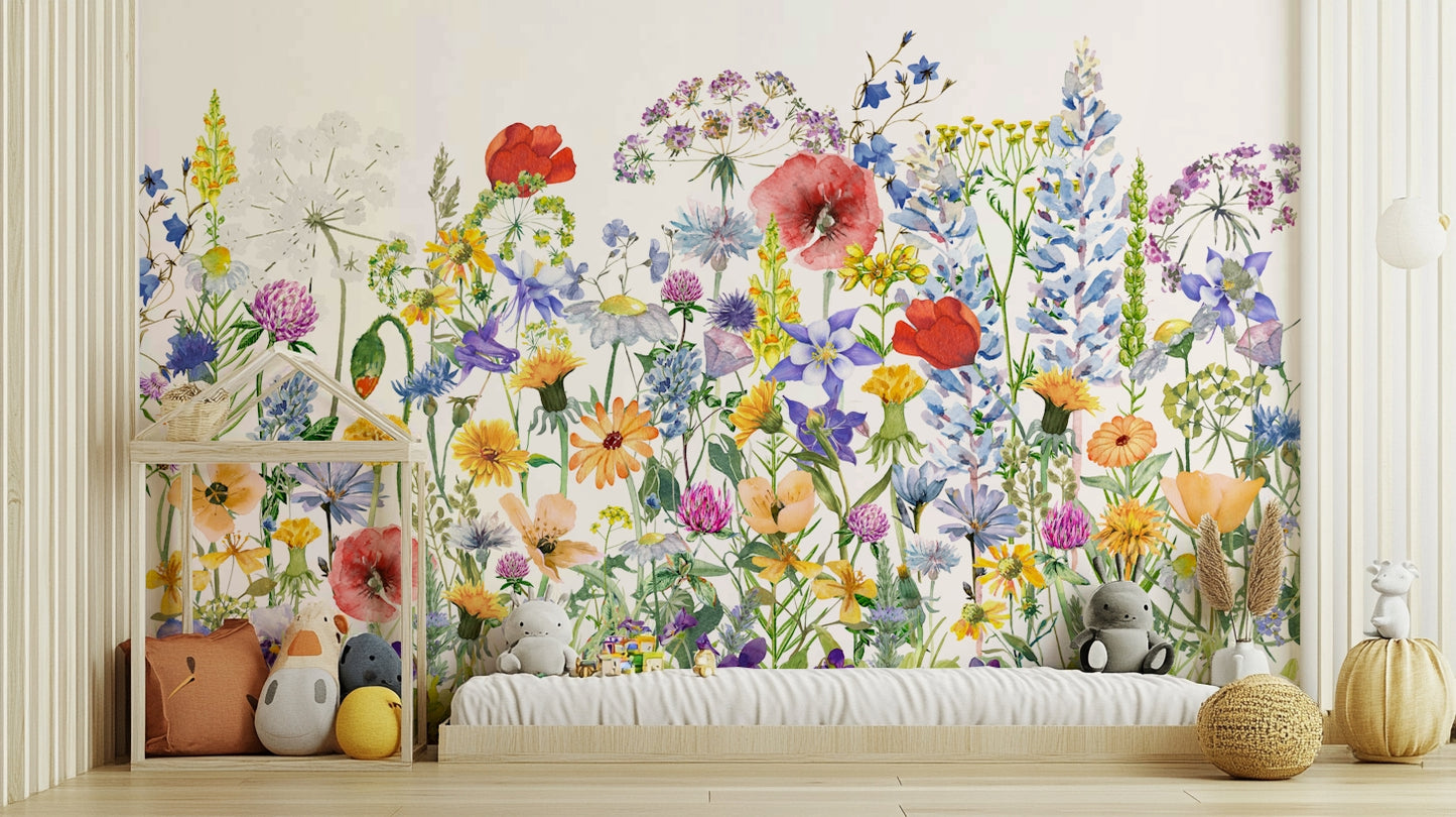 Scandinavian Watercolor Meadow Poppies with Colorful Wildflowers Wall Mural