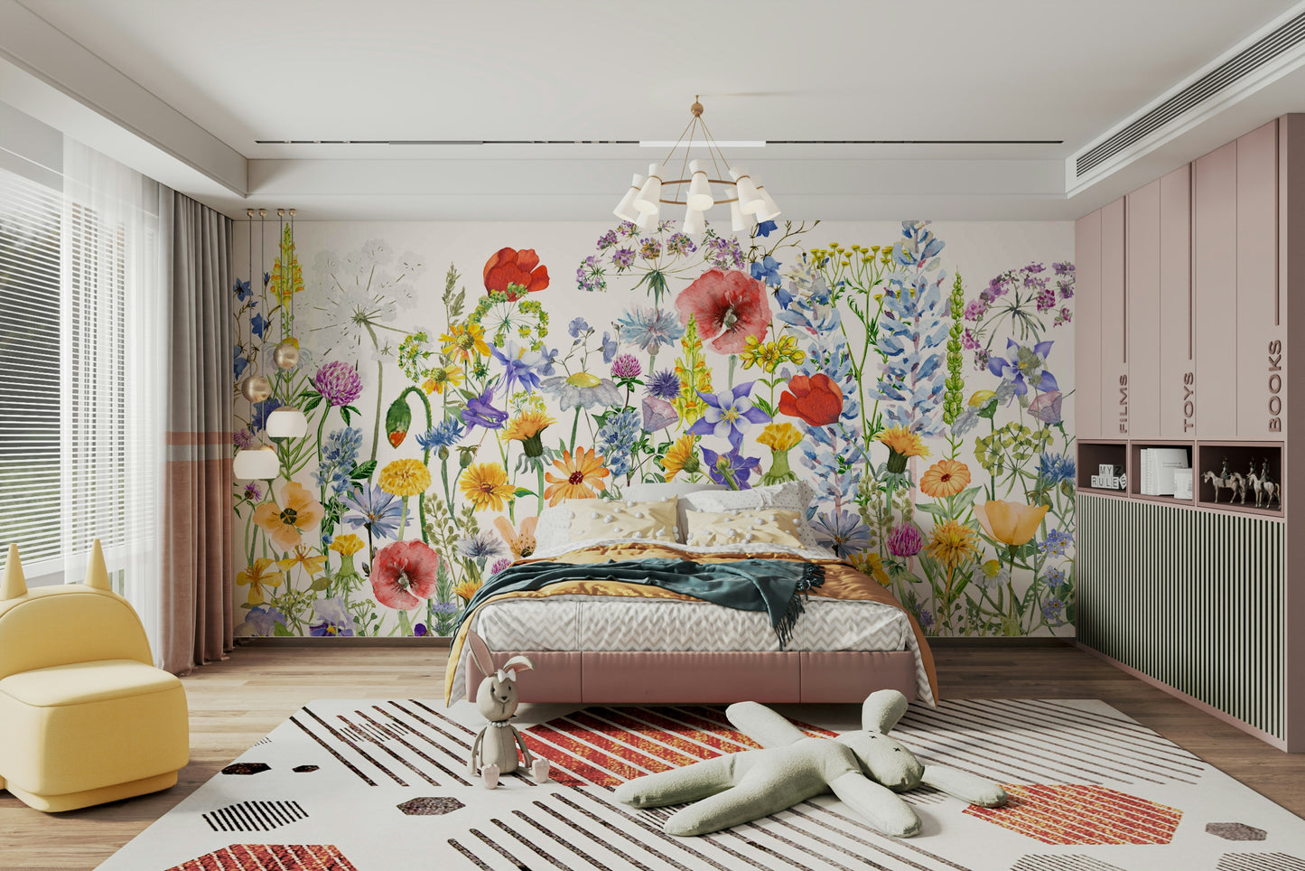 Scandinavian Watercolor Meadow Poppies with Colorful Wildflowers Wall Mural