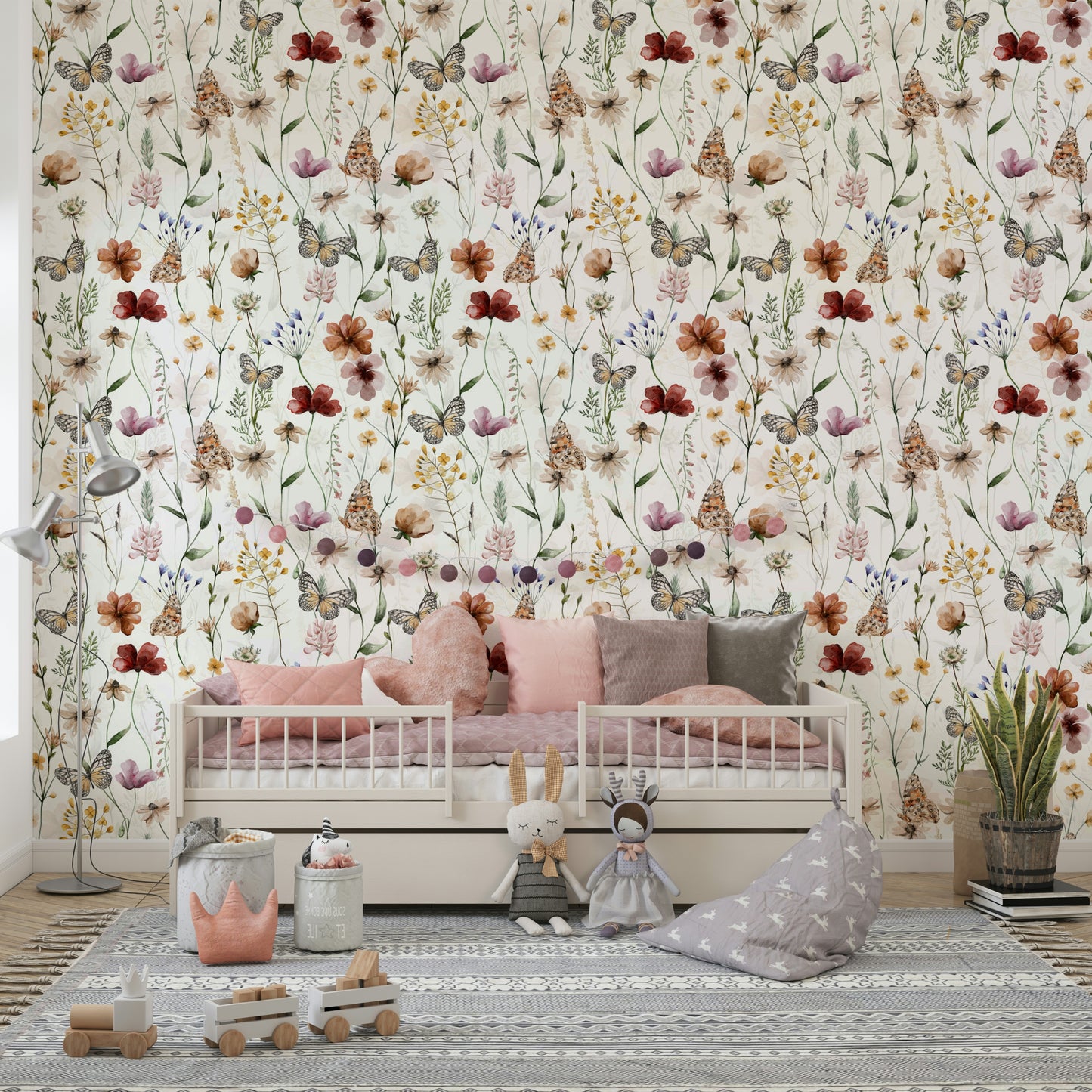 Scandinavian Watercolor Wildflower Meadow with Butterflies Wallpaper⁠