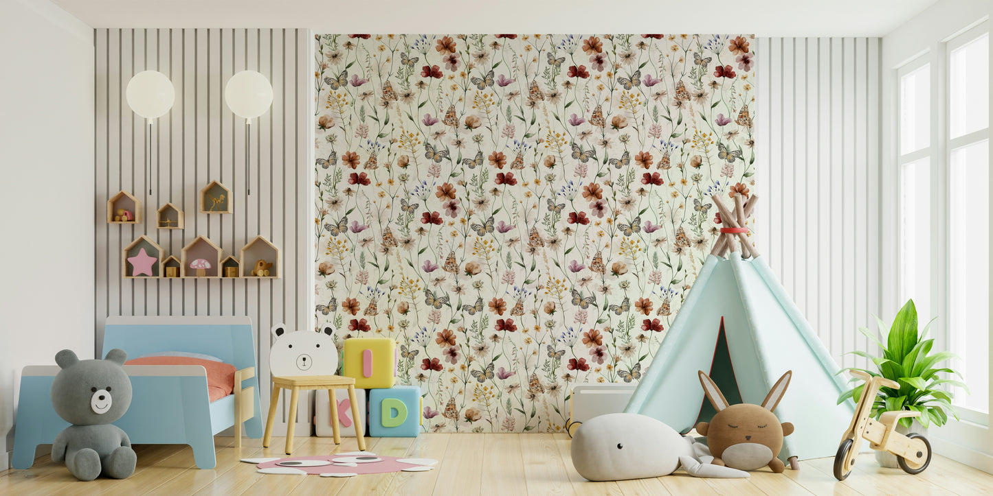 Scandinavian Watercolor Wildflower Meadow with Butterflies Wallpaper⁠