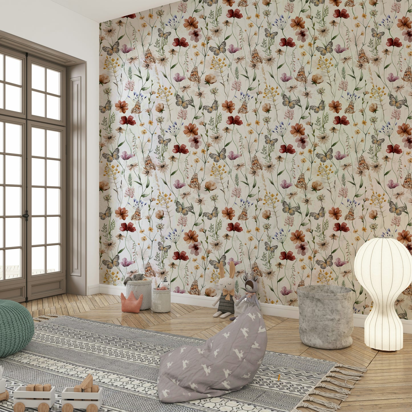 Scandinavian Watercolor Wildflower Meadow with Butterflies Wallpaper⁠