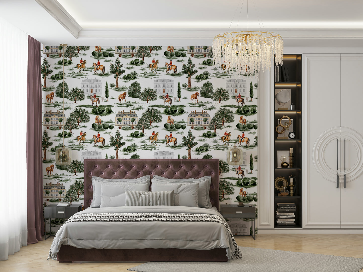 Equestrian riders with horses and British country manor Wallpaper⁠