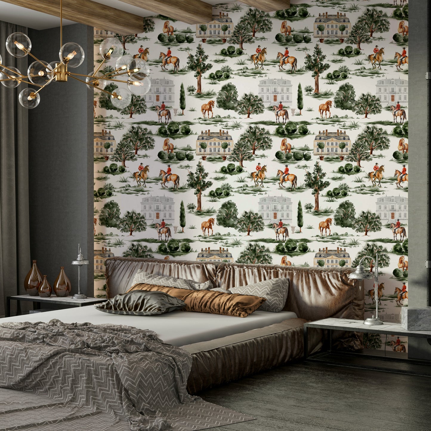 Equestrian riders with horses and British country manor Wallpaper⁠
