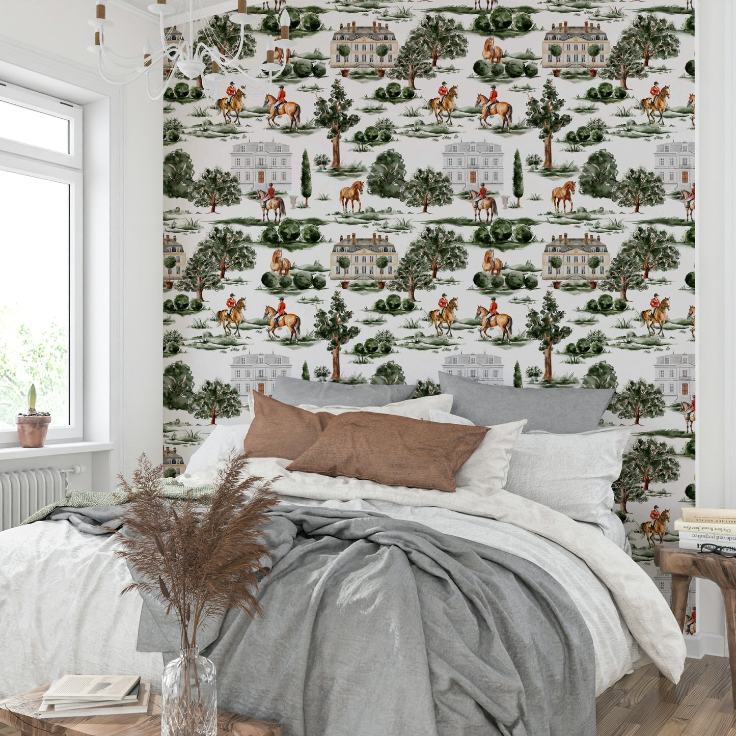 Equestrian riders with horses and British country manor Wallpaper⁠